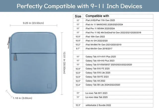 Alt view image 2 of 7 - 9-11 Inch Tablet Sleeve Padded Carrying Case, Blue