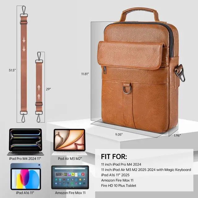 Alt view image 3 of 7 - 11 Inch Tablet Shoulder Bag Leather Carrying Case for 11 inch iPad A16, iPad Pro 11" M5 M4/ iPads Air 11" M4 M3 M2 2026 2025 with Magic Keyboard, Vertical Laptop Sleeve Messenger Computer Bag, Brown