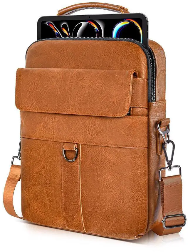 Main image of 11 Inch Tablet Shoulder Bag Leather Carrying Case for 11 inch iPad A16, iPad Pro 11" M5 M4/ iPads Air 11" M4 M3 M2 2026 2025 with Magic Keyboard, Vertical Laptop Sleeve Messenger Computer Bag, Brown