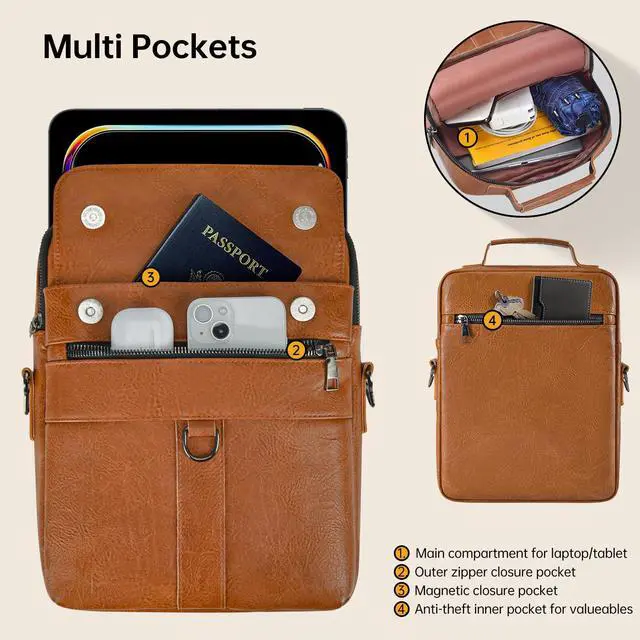 Alt view image 4 of 7 - 11 Inch Tablet Shoulder Bag Leather Carrying Case for 11 inch iPad A16, iPad Pro 11" M5 M4/ iPads Air 11" M4 M3 M2 2026 2025 with Magic Keyboard, Vertical Laptop Sleeve Messenger Computer Bag, Brown