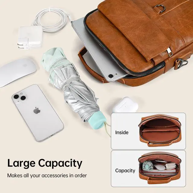 Alt view image 6 of 7 - 11 Inch Tablet Shoulder Bag Leather Carrying Case for 11 inch iPad A16, iPad Pro 11" M5 M4/ iPads Air 11" M4 M3 M2 2026 2025 with Magic Keyboard, Vertical Laptop Sleeve Messenger Computer Bag, Brown