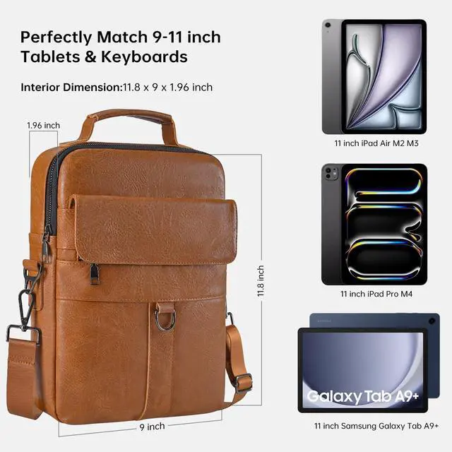 Alt view image 2 of 7 - 11 Inch Tablet Sleeve Case, Leather iPad Bag for 2026 iPad Air 11 M4 M3 & Pro 11 M4 M5 with Magic Keyboard, Fire HD 10/Max 11, Galaxy Tab A9+ Plus, Brown