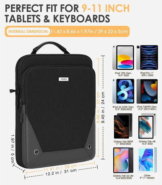Alt view image 2 of 7 - 9-11 Inch Tablet Sleeve Bag 360° Protetive Carrying Case Compatible with iPad 10th 10.9, iPad Air 5/4th 10.9, iPad 9/8th 10.2, iPad Pro 11, Tab S8/S9 11, with Handle and Shoulder Strap, Black