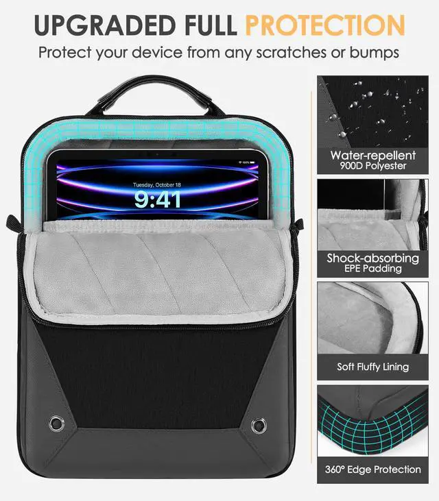 Alt view image 4 of 7 - 9-11 Inch Tablet Sleeve Bag 360° Protetive Carrying Case Compatible with iPad 10th 10.9, iPad Air 5/4th 10.9, iPad 9/8th 10.2, iPad Pro 11, Tab S8/S9 11, with Handle and Shoulder Strap, Black