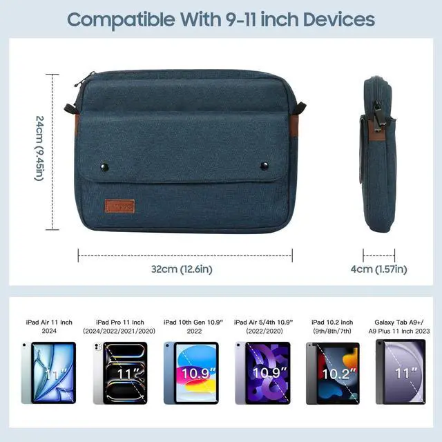 Alt view image 2 of 7 - 9-11 Inch Tablet Sleeve Bag with Shoulder Strap, Indigo