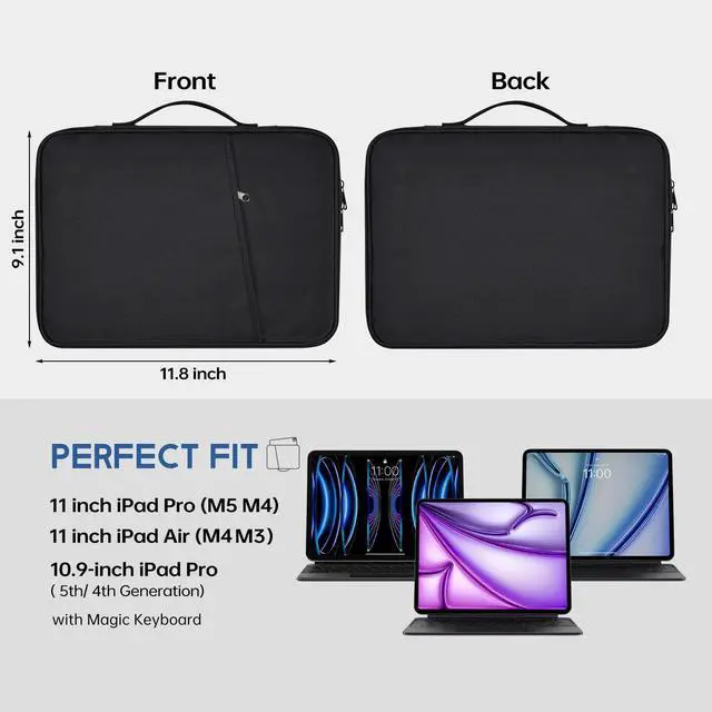 Alt view image 2 of 7 - 9-11 inch iPad Sleeve Case, Padded Travel Carrying Bag for 11-inch iPad Pro M5 M4 & iPad Air M2 M3 M4(2026) w/Magic Keyboard,11-in A16 Shockproof Handle Bag Cover Accessory Pocket -Black