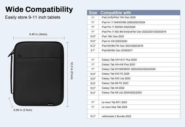 Alt view image 2 of 7 - 9-11 Inch Tablet Sleeve Padded Carrying Case with Handle, Black