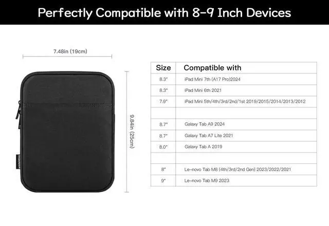 Alt view image 2 of 7 - 8-9 Inch Tablet Sleeve Padded Carrying Case, Black