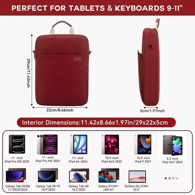Alt view image 2 of 6 - 9-11Inch Tablet Sleeve Bag Portable Tablet Bags for Men and Women, Compatible with iPad Pro/Air (A16) 11", iPad 10th 10.9", iPad 9/8/7th 10.2", iPad Air 5/4th 10.9, Galaxy Tab A11+ Plus 11" - Wine Red