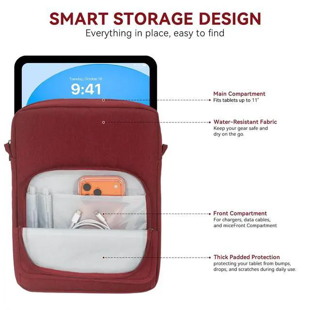 Alt view image 4 of 6 - 9-11Inch Tablet Sleeve Bag Portable Tablet Bags for Men and Women, Compatible with iPad Pro/Air (A16) 11", iPad 10th 10.9", iPad 9/8/7th 10.2", iPad Air 5/4th 10.9, Galaxy Tab A11+ Plus 11" - Wine Red