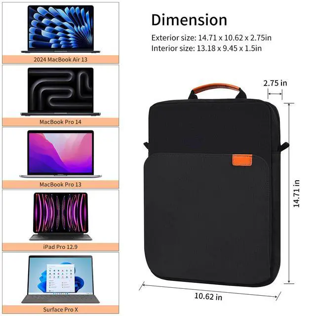 Alt view image 3 of 7 - 13 Inch Laptop Shoulder Bag Carrying Case for Macbook Air 13" M5 M4 A3449 A3420/ 2026 MacBook Neo A18 Pro A3404/ MacBook Pro 14" M5 M4 M3/ 13" iPad Pro/Air M5 M4, Vertical Laptop Sleeve Handbag, Black