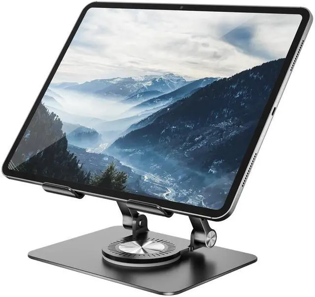 Main image of Tablet Stand Holder with 360° Rotating Base Dual Rod Aluminum Adjustable Tablet Stand for Desk Compatible with iPad Samsung Phone Kindle E-Reader and More, Black