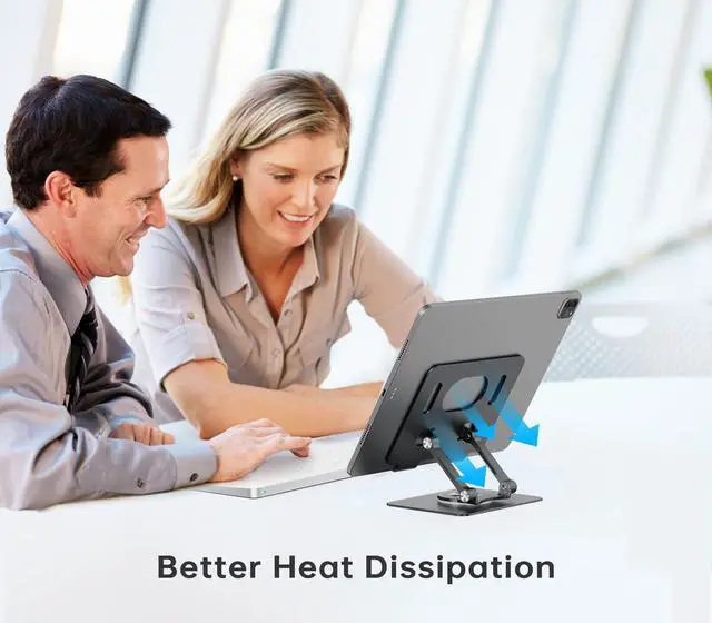 Alt view image 4 of 7 - Tablet Stand Holder with 360° Rotating Base Dual Rod Aluminum Adjustable Tablet Stand for Desk Compatible with iPad Samsung Phone Kindle E-Reader and More, Black