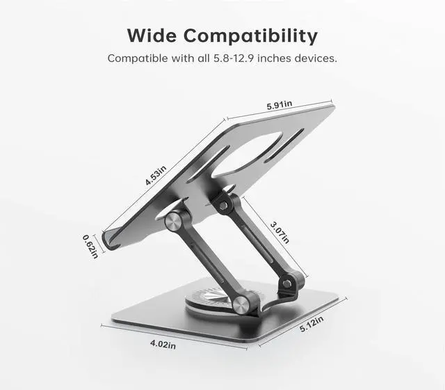 Alt view image 6 of 7 - Tablet Stand Holder with 360° Rotating Base Dual Rod Aluminum Adjustable Tablet Stand for Desk Compatible with iPad Samsung Phone Kindle E-Reader and More, Black