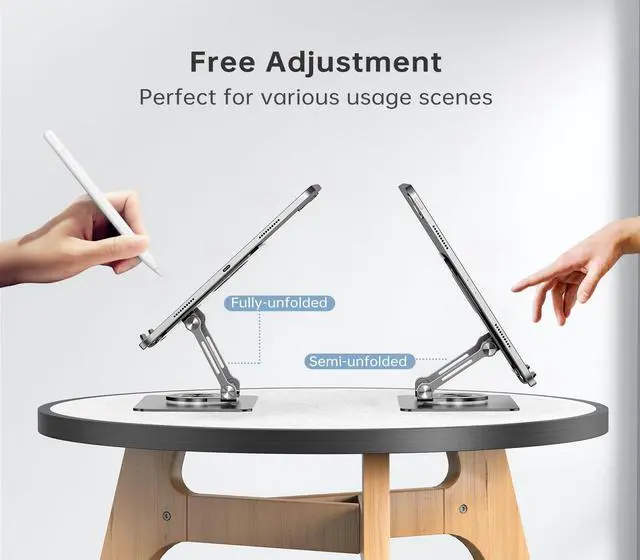 Alt view image 5 of 7 - Tablet Stand Holder with 360° Rotating Base Dual Rod Aluminum Adjustable Tablet Stand for Desk Compatible with iPad Samsung Phone Kindle E-Reader and More, Black