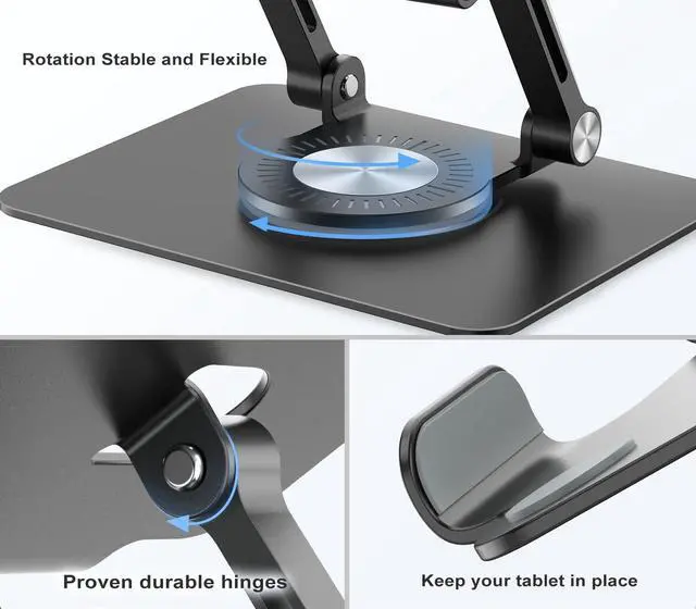Alt view image 7 of 7 - Tablet Stand Holder with 360° Rotating Base Dual Rod Aluminum Adjustable Tablet Stand for Desk Compatible with iPad Samsung Phone Kindle E-Reader and More, Black