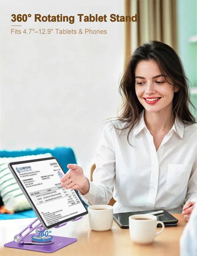 Alt view image 2 of 7 - Tablet Stand 360° Rotating Aluminum Holder - Adjustable, Portable & Foldable Monitors Stand for iPads, Compatible with 4-13.3" Tablets, Purple