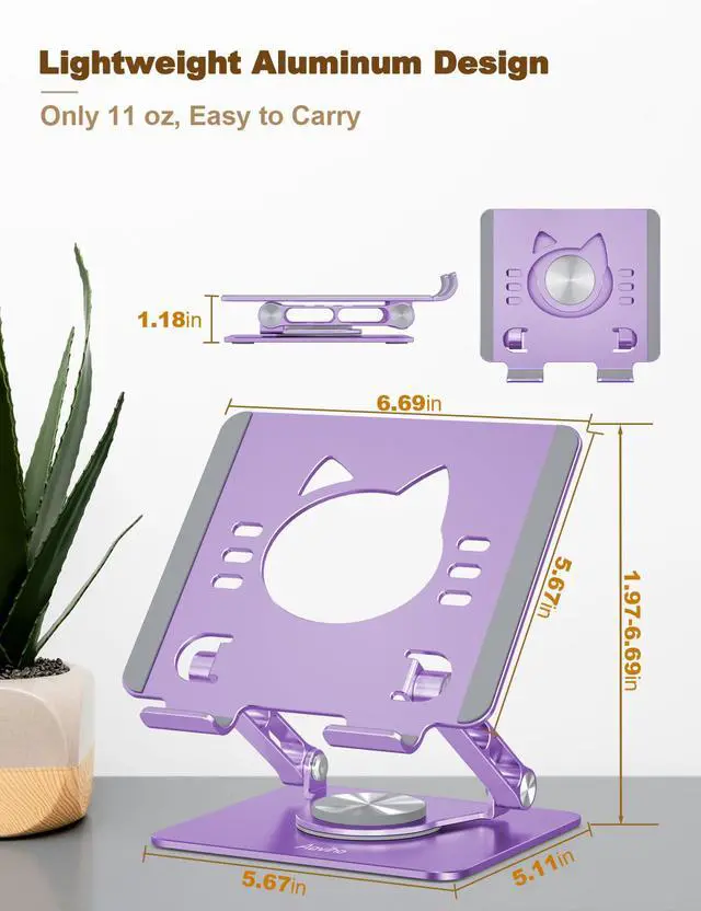 Alt view image 3 of 7 - Tablet Stand 360° Rotating Aluminum Holder - Adjustable, Portable & Foldable Monitors Stand for iPads, Compatible with 4-13.3" Tablets, Purple