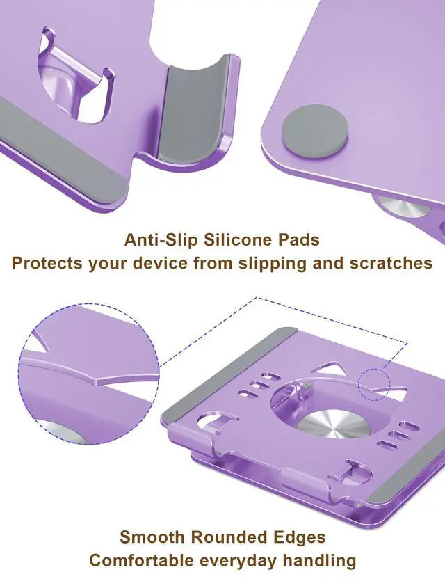 Alt view image 4 of 7 - Tablet Stand 360° Rotating Aluminum Holder - Adjustable, Portable & Foldable Monitors Stand for iPads, Compatible with 4-13.3" Tablets, Purple