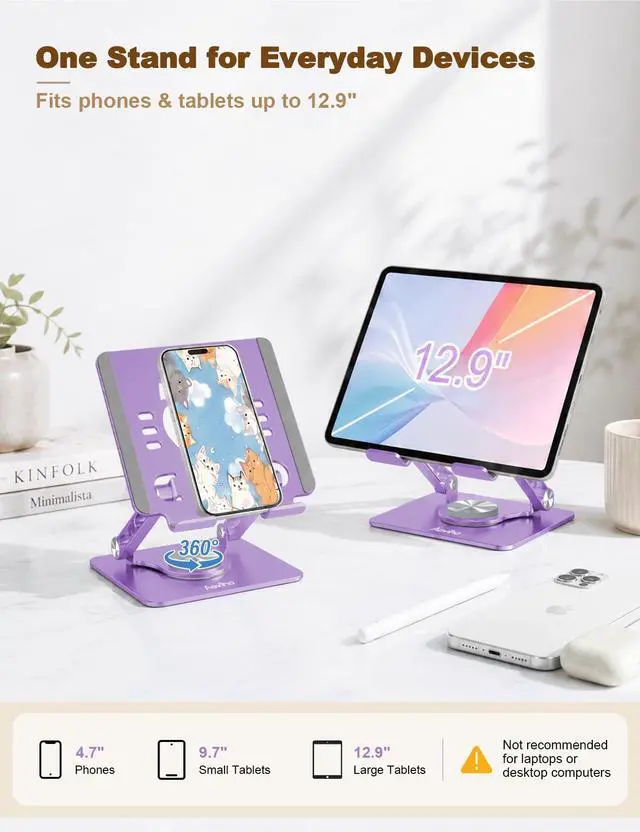 Alt view image 6 of 7 - Tablet Stand 360° Rotating Aluminum Holder - Adjustable, Portable & Foldable Monitors Stand for iPads, Compatible with 4-13.3" Tablets, Purple