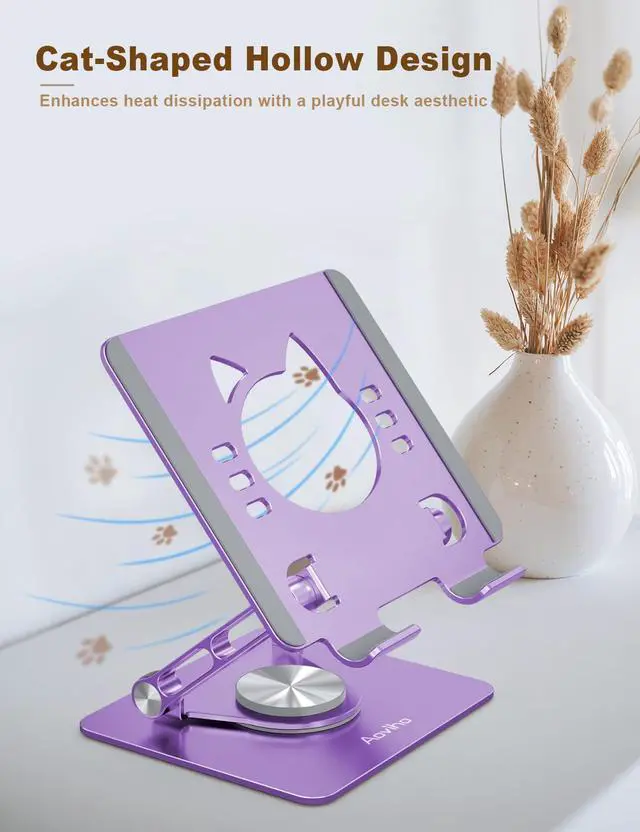 Alt view image 5 of 7 - Tablet Stand 360° Rotating Aluminum Holder - Adjustable, Portable & Foldable Monitors Stand for iPads, Compatible with 4-13.3" Tablets, Purple