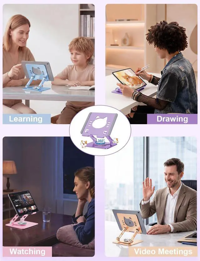 Alt view image 7 of 7 - Tablet Stand 360° Rotating Aluminum Holder - Adjustable, Portable & Foldable Monitors Stand for iPads, Compatible with 4-13.3" Tablets, Purple