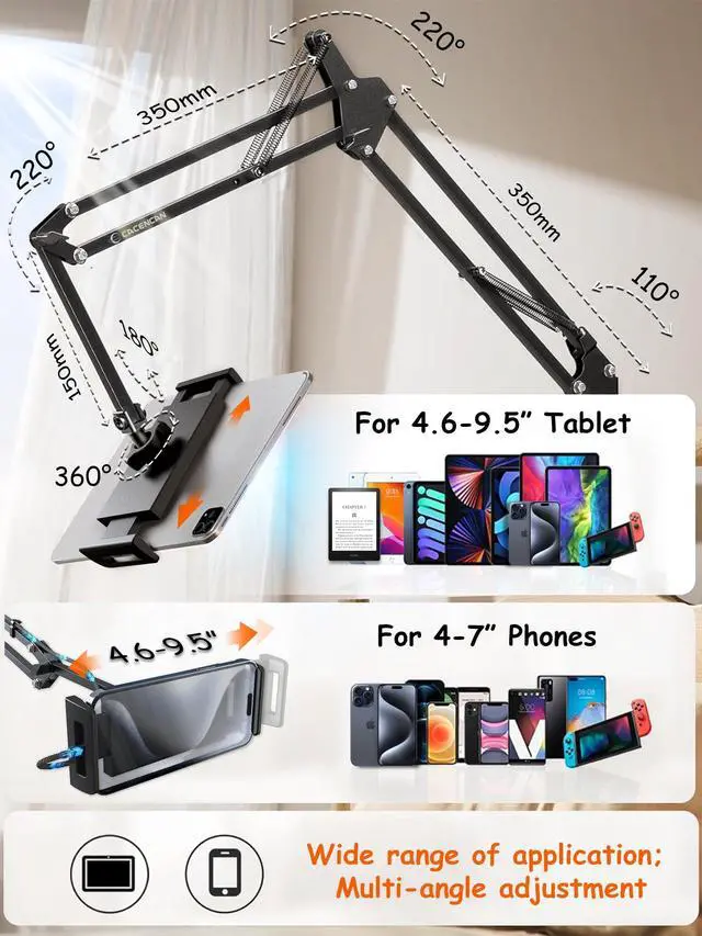Alt view image 3 of 7 - 33.5 Inch Tablet Stand, Adjustable Gooseneck Tablet Arm, Universal Tablet Holder Stand for Bed Desk, 360° Rotation, Carbon Steel Alloy, Fits 4-9.5" iPad iPhone,for Working Watching