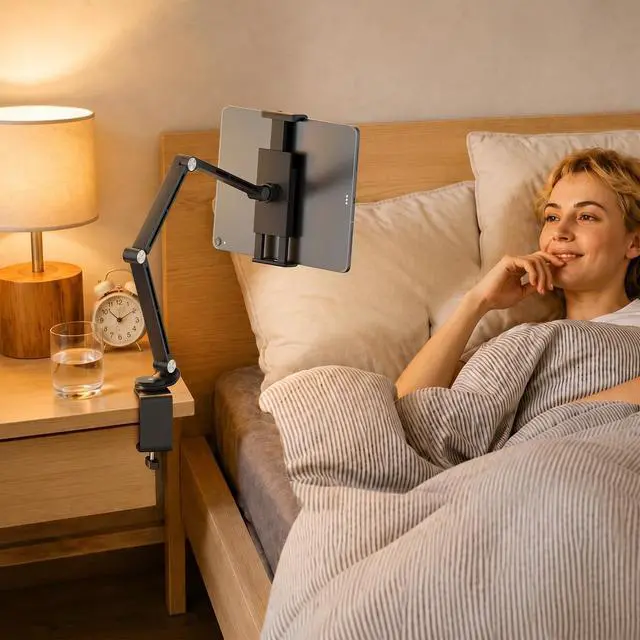Alt view image 6 of 7 - Tablet Stand Holder, Adjustable Foldable Tablet Arm iPad Desk Mount with 360°Rotate Base, Phone Holder iPad Stand for Desk and Bed, Compatible with Tablets, Phones or Other 4-15.6" Device