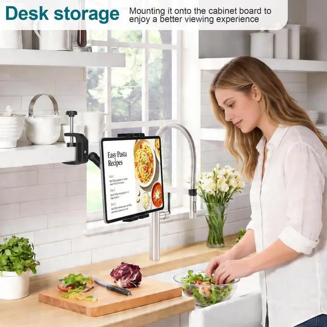 Alt view image 2 of 7 - Under Cabinet Tablet Mount, Kitchen Tablet Holder iPad Mount for Desk/Table/Board/Chair,Compatible with 4.7~12.9" iPad/Nexus/LG G Pads/e-Reader/Switch/iPhone,360° Adjustable Aluminum Alloy Arm Stand