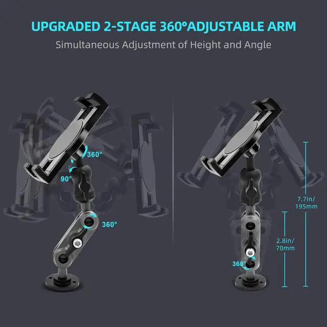 Alt view image 4 of 7 - Aluminum Heavy Duty Drill Base Tablet Holder Car Mount Dashboard, 360° Adjustable 2-Stage Stand for 4.7-12.9" iPad Pro/Air/Mini/Galaxy Tab, for Car Truck Wall Desk Commercial Vehicle