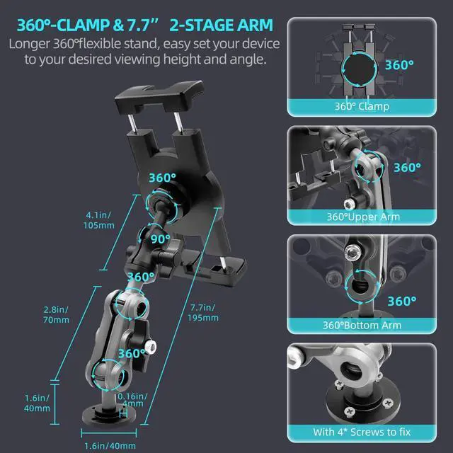 Alt view image 3 of 7 - Aluminum Heavy Duty Drill Base Tablet Holder Car Mount Dashboard, 360° Adjustable 2-Stage Stand for 4.7-12.9" iPad Pro/Air/Mini/Galaxy Tab, for Car Truck Wall Desk Commercial Vehicle