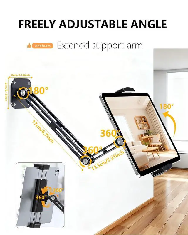 Alt view image 2 of 7 - iPad Wall Mount Holder, Heavy Duty Aluminium Extendable Tablet Wall Mount 360°Rotating Base Adjustable Foldable for Kitchen, Gym, Fits iPad Pro Air Mini, Galaxy Tab, 4.7-13" Phones & Tablets
