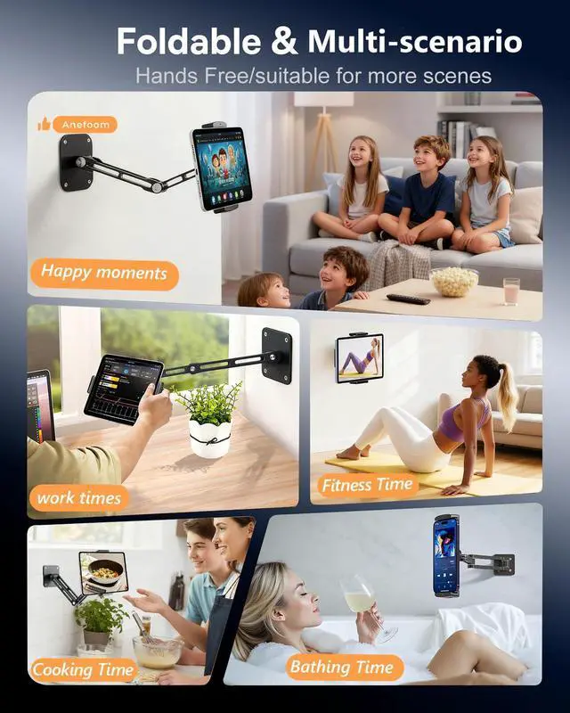 Alt view image 6 of 7 - iPad Wall Mount Holder, Heavy Duty Aluminium Extendable Tablet Wall Mount 360°Rotating Base Adjustable Foldable for Kitchen, Gym, Fits iPad Pro Air Mini, Galaxy Tab, 4.7-13" Phones & Tablets