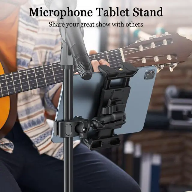 Alt view image 2 of 7 - Tablet Mic Stand Holder for iPad Treadmill Handlebar Clamp, Mount for Spin Bike Microphone Peloton Stroller, Fit 5-13 iPad Pro 12.9 Air Mini, Galaxy Tab, iPhone, Fire HD 10
