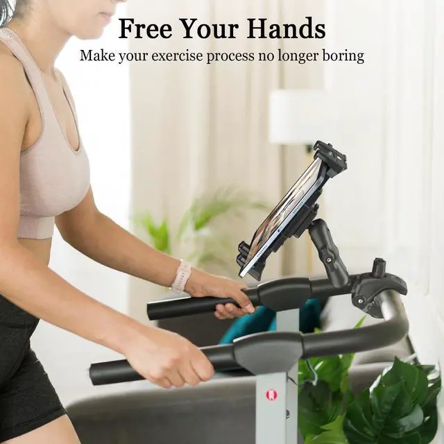 Alt view image 3 of 7 - Tablet Mic Stand Holder for iPad Treadmill Handlebar Clamp, Mount for Spin Bike Microphone Peloton Stroller, Fit 5-13 iPad Pro 12.9 Air Mini, Galaxy Tab, iPhone, Fire HD 10