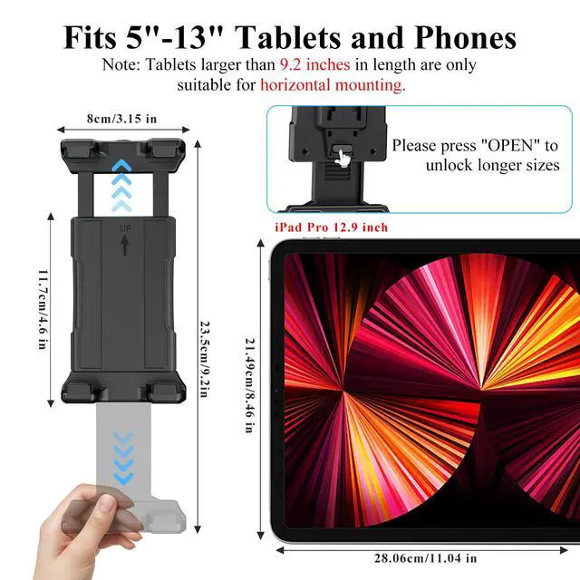 Alt view image 4 of 7 - Tablet Mic Stand Holder for iPad Treadmill Handlebar Clamp, Mount for Spin Bike Microphone Peloton Stroller, Fit 5-13 iPad Pro 12.9 Air Mini, Galaxy Tab, iPhone, Fire HD 10