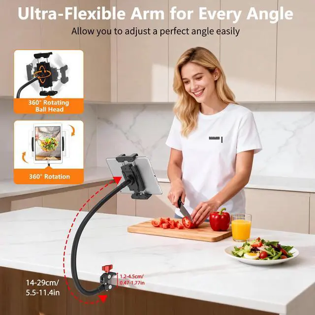 Alt view image 2 of 7 - Gooseneck Tablet Holder, 19.69" Metal Crab Clamp iPad/iPhone Mount for Stroller/Treadmill/Golf Cart/Boat/Mic Stand/Gym Bicycle Handlebar Clamp/Desk, Compatible with 4-13" iPad Pro/Air/Mini/E-book