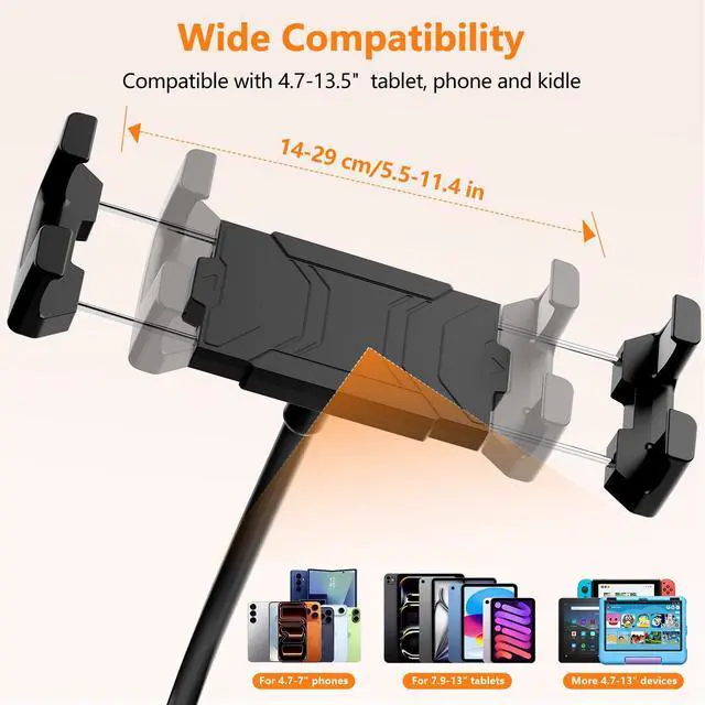 Alt view image 3 of 7 - Gooseneck Tablet Holder, 19.69" Metal Crab Clamp iPad/iPhone Mount for Stroller/Treadmill/Golf Cart/Boat/Mic Stand/Gym Bicycle Handlebar Clamp/Desk, Compatible with 4-13" iPad Pro/Air/Mini/E-book