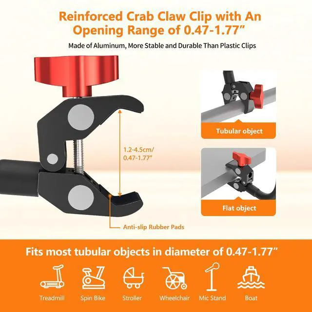 Alt view image 4 of 7 - Gooseneck Tablet Holder, 19.69" Metal Crab Clamp iPad/iPhone Mount for Stroller/Treadmill/Golf Cart/Boat/Mic Stand/Gym Bicycle Handlebar Clamp/Desk, Compatible with 4-13" iPad Pro/Air/Mini/E-book