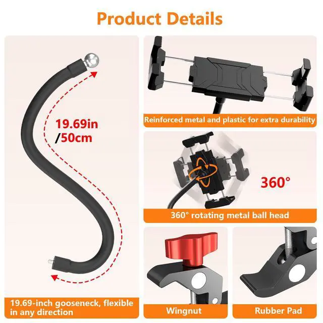 Alt view image 7 of 7 - Gooseneck Tablet Holder, 19.69" Metal Crab Clamp iPad/iPhone Mount for Stroller/Treadmill/Golf Cart/Boat/Mic Stand/Gym Bicycle Handlebar Clamp/Desk, Compatible with 4-13" iPad Pro/Air/Mini/E-book