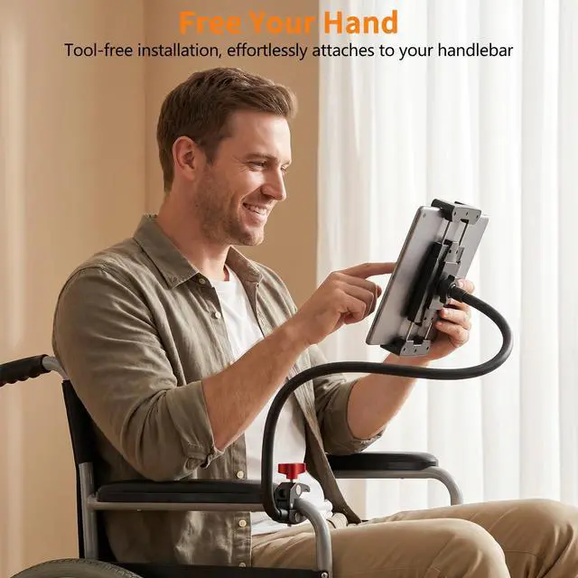 Alt view image 6 of 7 - Gooseneck Tablet Holder, 19.69" Metal Crab Clamp iPad/iPhone Mount for Stroller/Treadmill/Golf Cart/Boat/Mic Stand/Gym Bicycle Handlebar Clamp/Desk, Compatible with 4-13" iPad Pro/Air/Mini/E-book