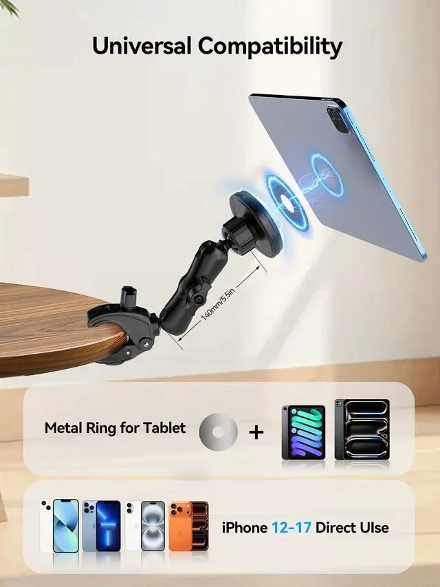 Alt view image 5 of 7 - Magnetic Tablet Holder for Mic Stand,360° Adjustable Microphone Music Stand Phone Holder Mount,Tablet Mount Clamp for Peloton Bike,Treadmill, Stroller, Cabinet, Fits MagSafe, All Tablets,Phones