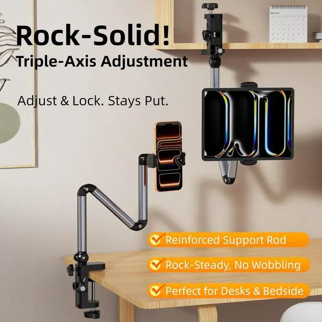 Alt view image 3 of 7 - Aluminum Foldable Arm Tablet Stand, 360° Rotatable Phone Holder iPad Stand, Adjustable Tablet Mount for 4.7"-15.6" iPad, iPhone, Galaxy Tab, Compatible with Desk Bedside Kitchen, Gray
