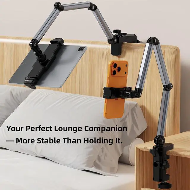Alt view image 4 of 7 - Aluminum Foldable Arm Tablet Stand, 360° Rotatable Phone Holder iPad Stand, Adjustable Tablet Mount for 4.7"-15.6" iPad, iPhone, Galaxy Tab, Compatible with Desk Bedside Kitchen, Gray