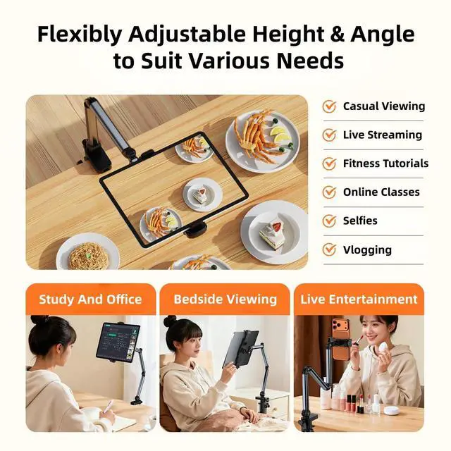 Alt view image 6 of 7 - Aluminum Foldable Arm Tablet Stand, 360° Rotatable Phone Holder iPad Stand, Adjustable Tablet Mount for 4.7"-15.6" iPad, iPhone, Galaxy Tab, Compatible with Desk Bedside Kitchen, Gray