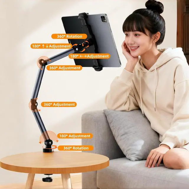 Alt view image 5 of 7 - Aluminum Foldable Arm Tablet Stand, 360° Rotatable Phone Holder iPad Stand, Adjustable Tablet Mount for 4.7"-15.6" iPad, iPhone, Galaxy Tab, Compatible with Desk Bedside Kitchen, Gray