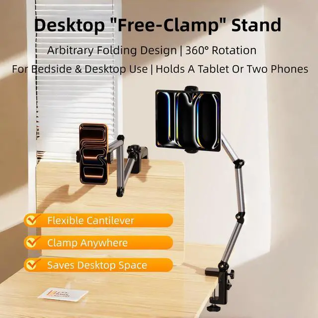 Alt view image 2 of 7 - Aluminum Foldable Arm Tablet Stand, 360° Rotatable Phone Holder iPad Stand, Adjustable Tablet Mount for 4.7"-15.6" iPad, iPhone, Galaxy Tab, Compatible with Desk Bedside Kitchen, Gray