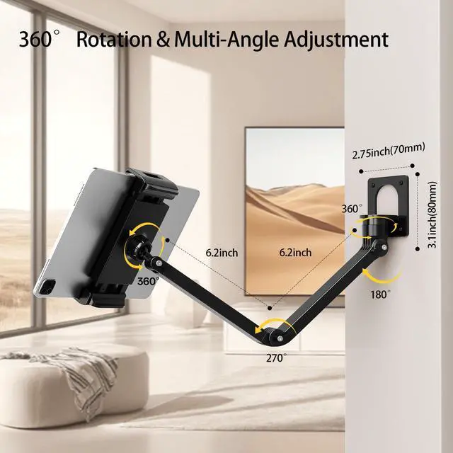 Alt view image 5 of 6 - Tablet Wall Mount Holder, Aluminum Extendable 360° Rotating Holder, Adjustable Foldable Arm for 4.717Inch iPad Pro Air Mini, Galaxy Tab Portable Monitor& Phones