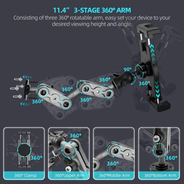 Alt view image 2 of 7 - Aluminum Heavy Duty Drill Base Tablet Holder Car Mount Dashboard, 14.2 Long 360°3-Stage Metal Stand Bracket for 4.7-12.9" iPad Pro/Air/Mini/Galaxy Tab, for Car Auto Truck Wall Desk