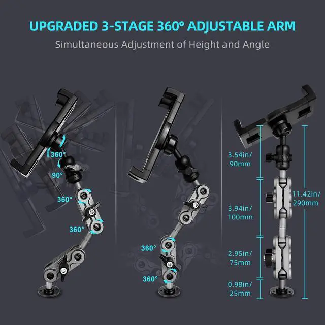 Alt view image 4 of 7 - Aluminum Heavy Duty Drill Base Tablet Holder Car Mount Dashboard, 14.2 Long 360°3-Stage Metal Stand Bracket for 4.7-12.9" iPad Pro/Air/Mini/Galaxy Tab, for Car Auto Truck Wall Desk